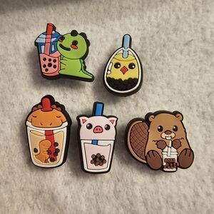 Jibbitz With Dinosaur Pig Beaver and Boba Tea Theme Croc Shoe Charms Bundle Of 5